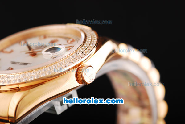 Rolex Day Date II Automatic Movement Full Rose Gold with Double Row Diamond Bezel-Diamond Markers and White MOP Dial - Click Image to Close